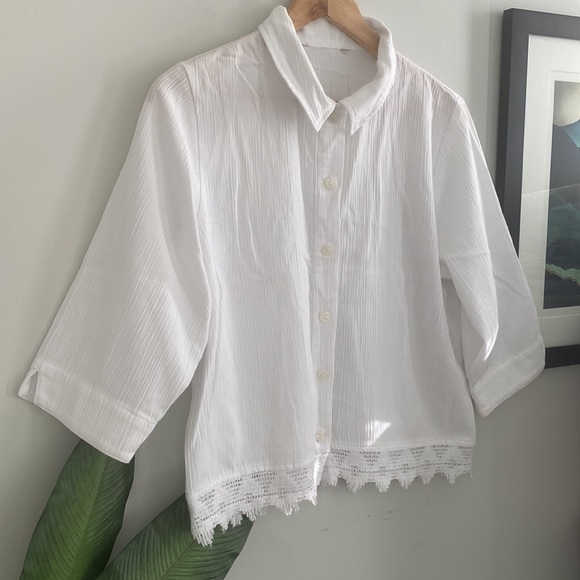 🌿3 for $25🌿 Cotton Embroidered Trip Button Up 3/4 Sleeve Cropped Shirt - Picture 5 of 7